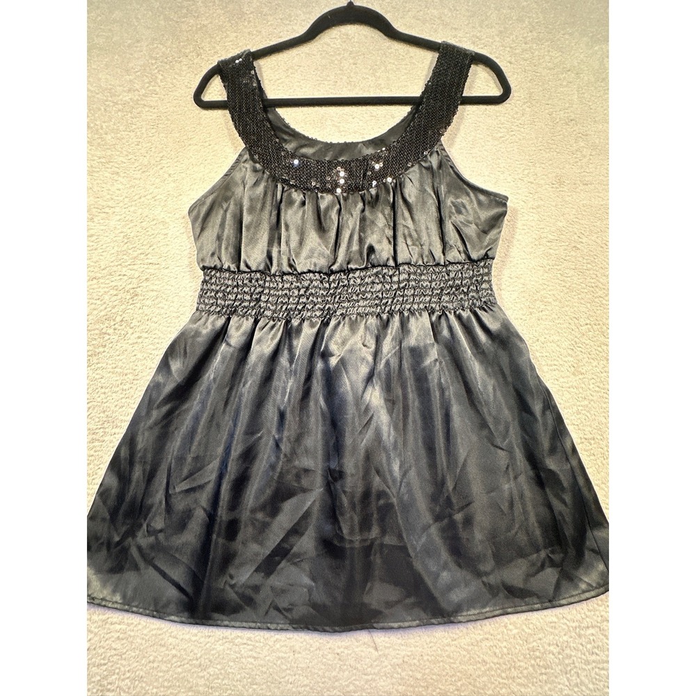 Vintage Y2K Studio Y Black Sequined Neckline Smocked Waist Shiny Mini Dress XL